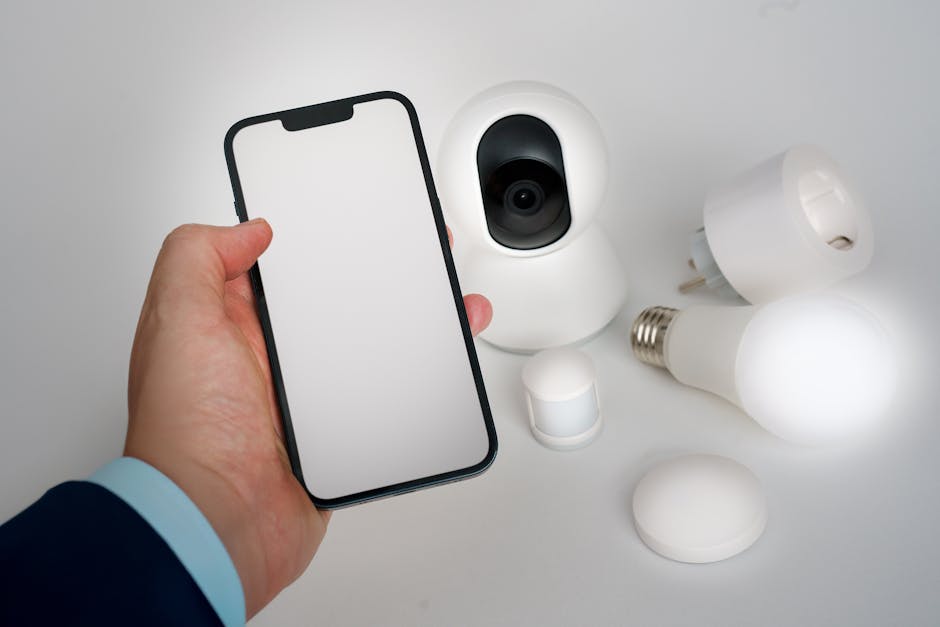 Suglumęs žmogus žiūri į telefoną, matant atjungtus išmanius įrenginius namuose